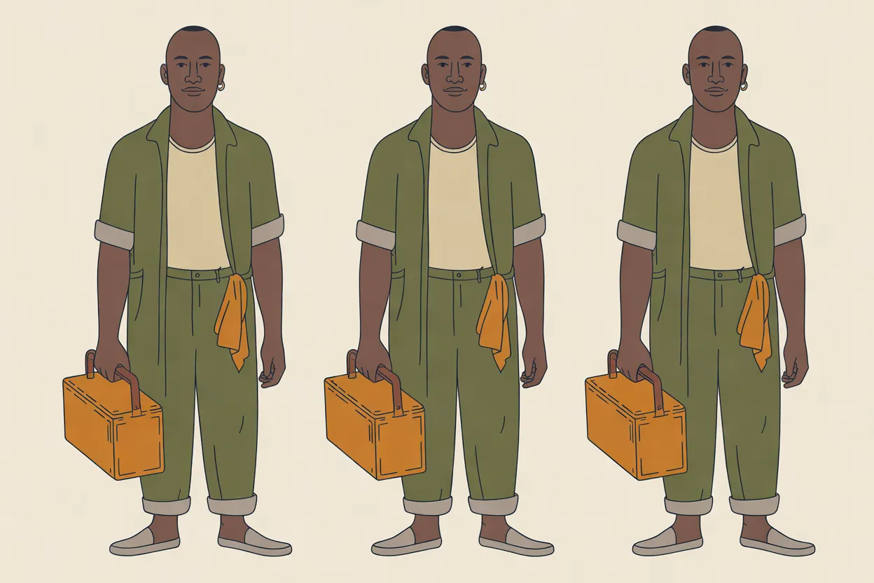 The Lagoon Mechanic character sheet on a warm cream background: three identical full-length front views with the same calm expression, each holding an amber toolbox in one hand. He wears olive-green coveralls open over a cream T-shirt with the sleeves and cuffs rolled, an amber rag tucked at the waist and grey slip-on shoes.