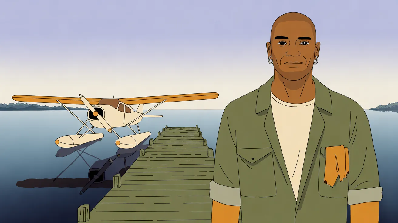 The Lagoon Mechanic, a lanky, clean-shaven man with deep brown skin, a shaved head and silver hoop earrings, stands at the right in a head-and-shoulders view, in olive-green coveralls with rolled sleeves over a cream T-shirt and an amber rag in his chest pocket. To the left, a cream float plane with an amber wing is moored beside a long wooden dock that runs out over a calm blue lagoon, its reflection dark on the water, under a pale lavender morning sky.